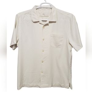 Tommy Bahama cream Button Down men's L Up Short Sleeve 100% Silk Original Fit